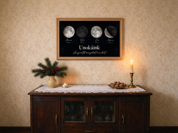 Karácsonyi ajándék nagyszülőknek: holdfázis kép négy unoka születési holdjával a nagyszülői nappali kredence fölött